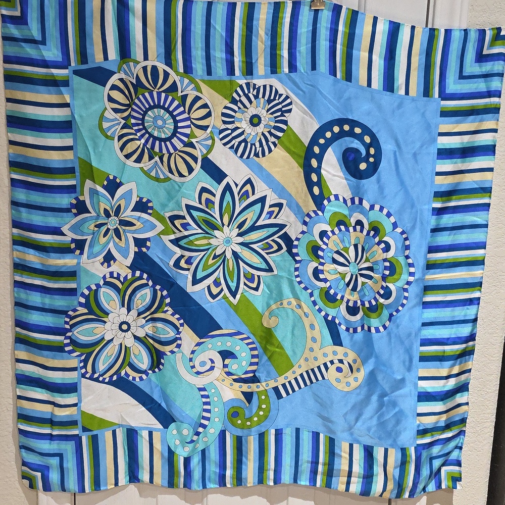 Trevisan S.R.L Venezia Vintage Blue & Green Floral Striped Silk scarf,From Italy